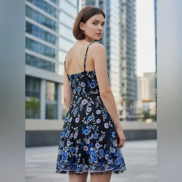 Dress the Population Floral Mini Dress in Black and Blue - Picture 2 of 10